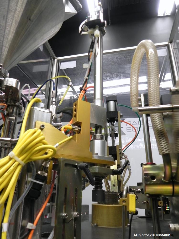 Used Prosys Model RT60H Hibar Pump Hot Air Plastic Tube Filler. Single pump servo driven rotary filler for micro-dose applications. Rated at speeds up to 70 tubes per minute. Has a fill volume range ...