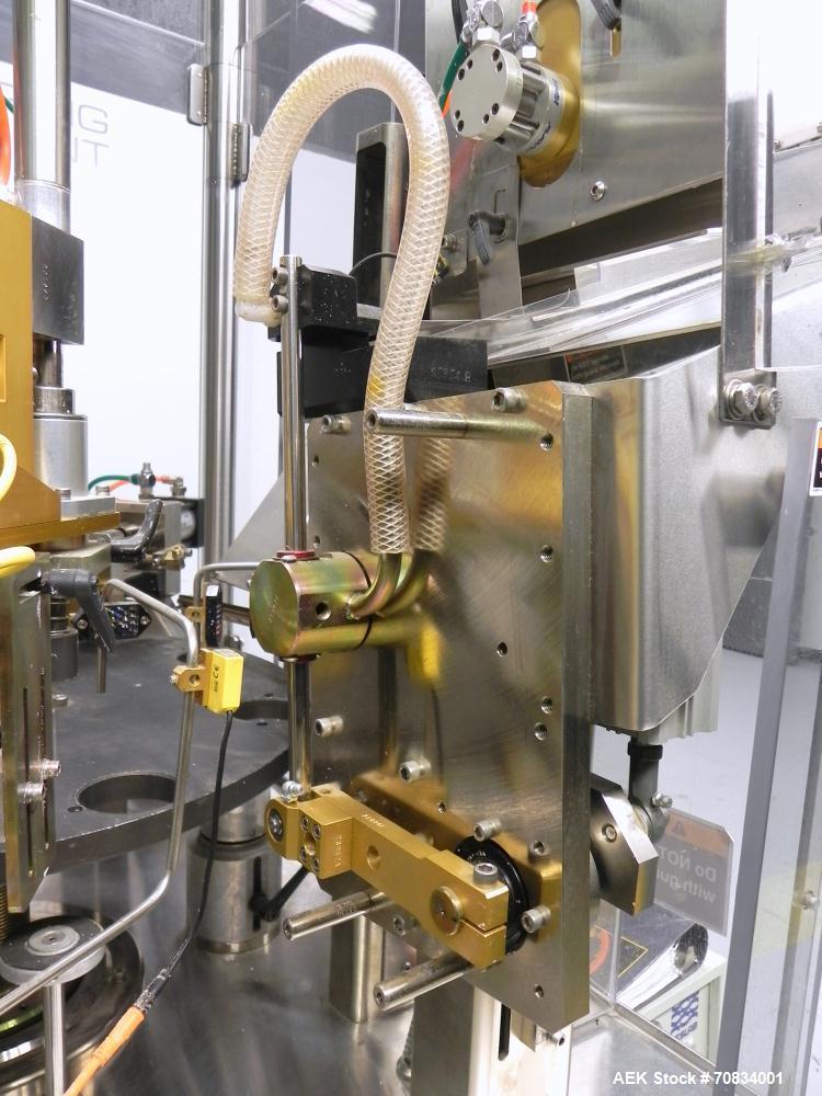 Used Prosys Model RT60H Hibar Pump Hot Air Plastic Tube Filler. Single pump servo driven rotary filler for micro-dose applications. Rated at speeds up to 70 tubes per minute. Has a fill volume range ...