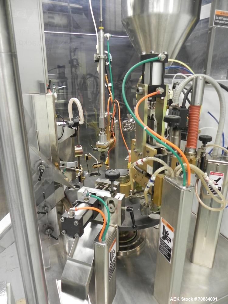 Used Prosys Model RT60H Hibar Pump Hot Air Plastic Tube Filler. Single pump servo driven rotary filler for micro-dose applications. Rated at speeds up to 70 tubes per minute. Has a fill volume range ...