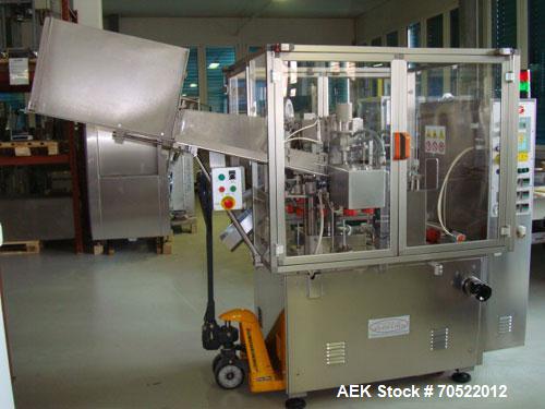 Used TGM S400 Tube Filler and Closing Machine for plastic and laminate tubes. Output 3,600 tubes/hour, tube diameter 0.4" - 2" (10-50 mm), tube length 2" - 8.6" (50-220 mm), tube feeding magazine, pr...