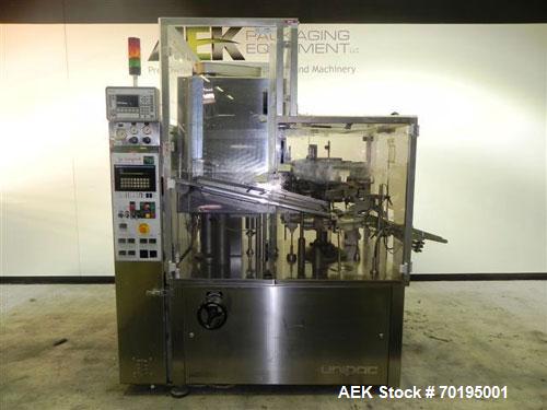 Used Unipac Model Silver 120 Plastic Tube Filler. Machine is capable of speeds up to 120 tubes per minute. Has a tube size range: (Diameter) 10mm to 50mm (Height) 30mm - 250mm. Fill volume: 3ml to 20...