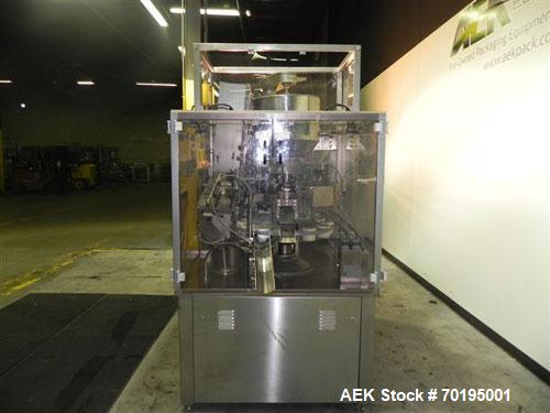 Used Unipac Model Silver 120 Plastic Tube Filler. Machine is capable of speeds up to 120 tubes per minute. Has a tube size range: (Diameter) 10mm to 50mm (Height) 30mm - 250mm. Fill volume: 3ml to 20...
