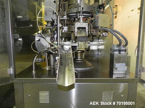 Used Unipac Model Silver 120 Plastic Tube Filler. Machine is capable of speeds up to 120 tubes per minute. Has a tube size range: (Diameter) 10mm to 50mm (Height) 30mm - 250mm. Fill volume: 3ml to 20...