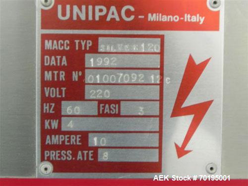 Used Unipac Model Silver 120 Plastic Tube Filler. Machine is capable of speeds up to 120 tubes per minute. Has a tube size range: (Diameter) 10mm to 50mm (Height) 30mm - 250mm. Fill volume: 3ml to 20...