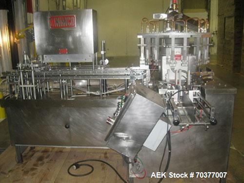 Used Nimco 5110E Gable Top Form Fill and Seal Machine, all stainless steel.  Transport chains set on 2-1/2" centers.  Dual carton magazine, runs two cartons per cycle.  Rated up to 110 cartons/minute...