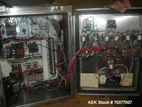 Used Nimco 5110E Gable Top Form Fill and Seal Machine, all stainless steel.  Transport chains set on 2-1/2" centers.  Dual carton magazine, runs two cartons per cycle.  Rated up to 110 cartons/minute...