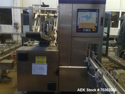 Used TetraPak Packaging Line handling 16.9 fluid ounces (500 ml) SLIM units. Comprised of: (1) TBA8-500ML S, built in 2003, 37,459 working hours. (1) Tetra cardboard packer 70, built 2003. (1) Approx...