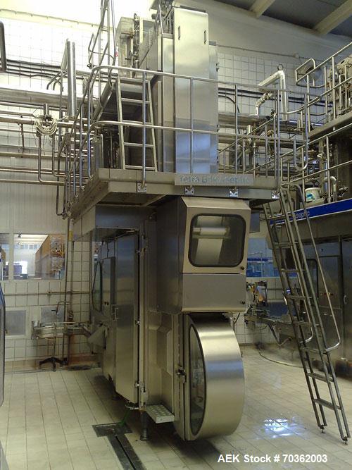 Used TetraPak Packaging Line handling 16.9 fluid ounces (500 ml) SLIM units. Comprised of: (1) TBA8-500ML S, built in 2003, 37,459 working hours. (1) Tetra cardboard packer 70, built 2003. (1) Approx...