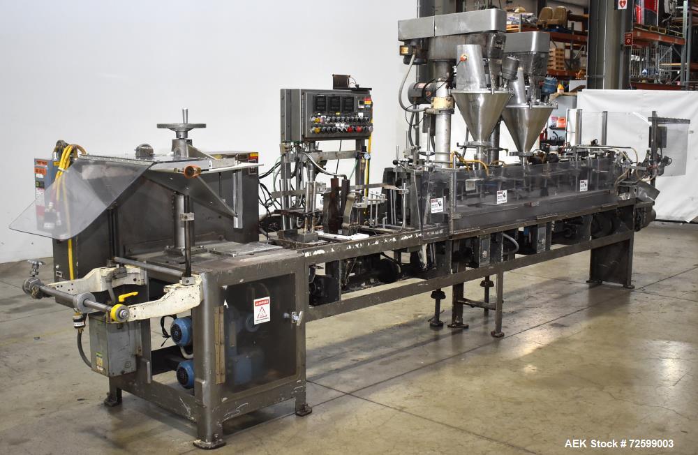 Used Bartelt IM9-14 Horizontal Form Fill & Seal Pouch Machine. Capable of speeds of up to 70 CPM. Has a 9" centers for a pouch size range: (Length) 3" - 7-3/4" (Height) 3" - 9-1/2". (2) Bartelt model...