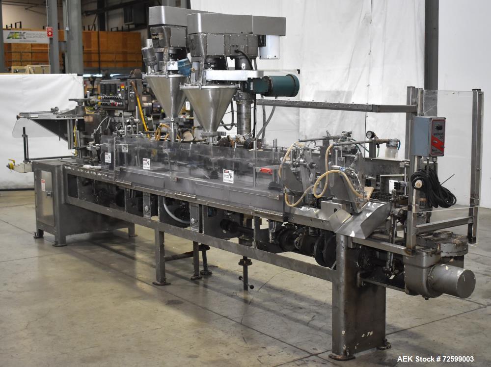 Used Bartelt IM9-14 Horizontal Form Fill & Seal Pouch Machine. Capable of speeds of up to 70 CPM. Has a 9" centers for a pouch size range: (Length) 3" - 7-3/4" (Height) 3" - 9-1/2". (2) Bartelt model...