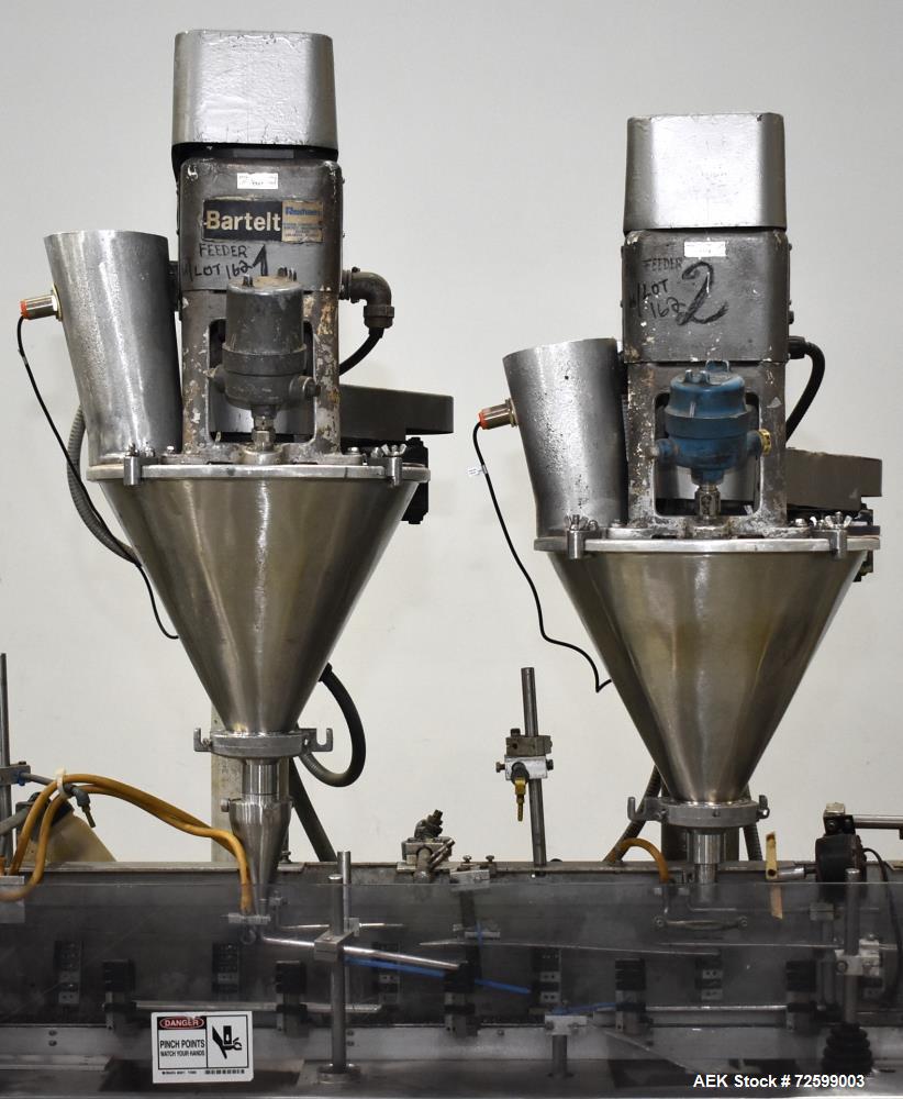 Used Bartelt IM9-14 Horizontal Form Fill & Seal Pouch Machine. Capable of speeds of up to 70 CPM. Has a 9" centers for a pouch size range: (Length) 3" - 7-3/4" (Height) 3" - 9-1/2". (2) Bartelt model...