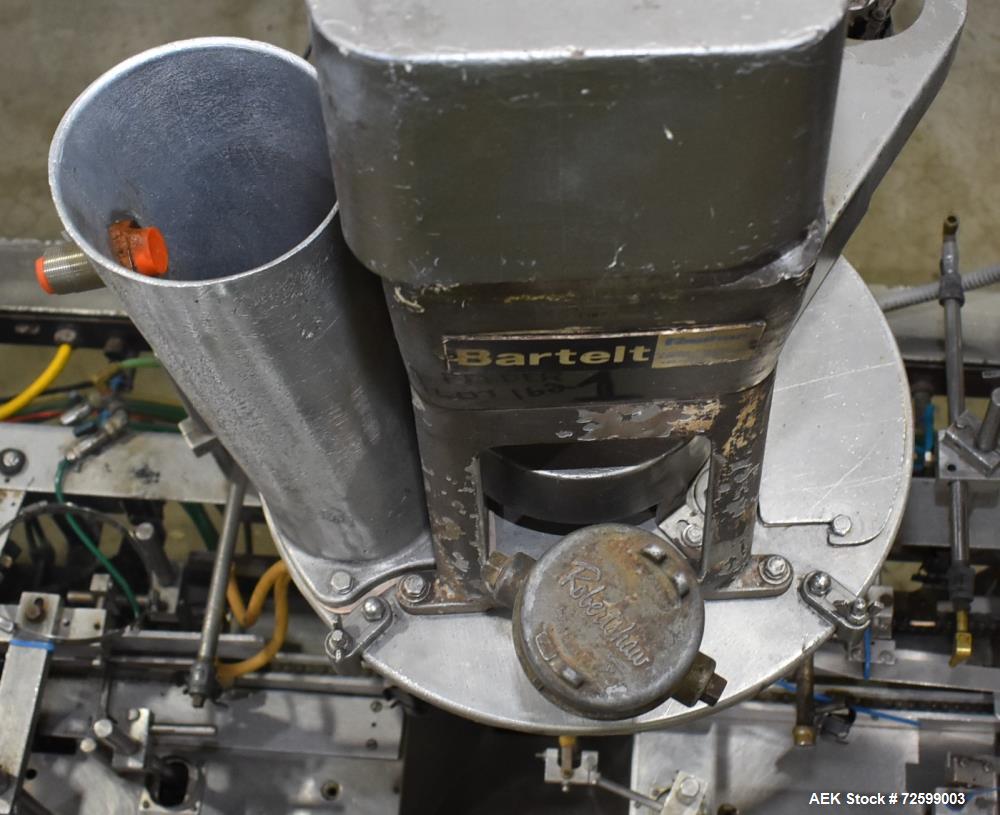 Used Bartelt IM9-14 Horizontal Form Fill & Seal Pouch Machine. Capable of speeds of up to 70 CPM. Has a 9" centers for a pouch size range: (Length) 3" - 7-3/4" (Height) 3" - 9-1/2". (2) Bartelt model...