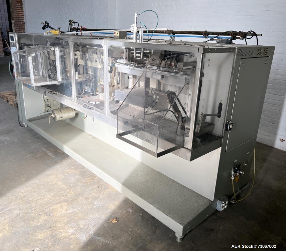 Used Bossar Form & Fill Horizontal Pouch Filler, Model B-1400/PH/D. Capable of speeds up to 110. Size range 50mm to 140mm wide x 50mm to 210mm height. Maximum fill volume 400cc. Setup for 4 sided sea...