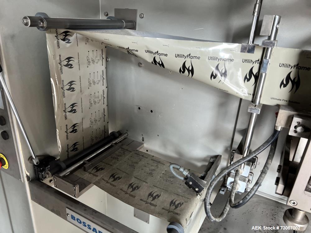 Used Bossar Form & Fill Horizontal Pouch Filler, Model B-1400/PH/D. Capable of speeds up to 110. Size range 50mm to 140mm wide x 50mm to 210mm height. Maximum fill volume 400cc. Setup for 4 sided sea...