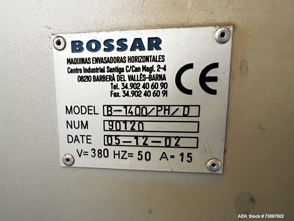Used Bossar Form & Fill Horizontal Pouch Filler, Model B-1400/PH/D. Capable of speeds up to 110. Size range 50mm to 140mm wide x 50mm to 210mm height. Maximum fill volume 400cc. Setup for 4 sided sea...