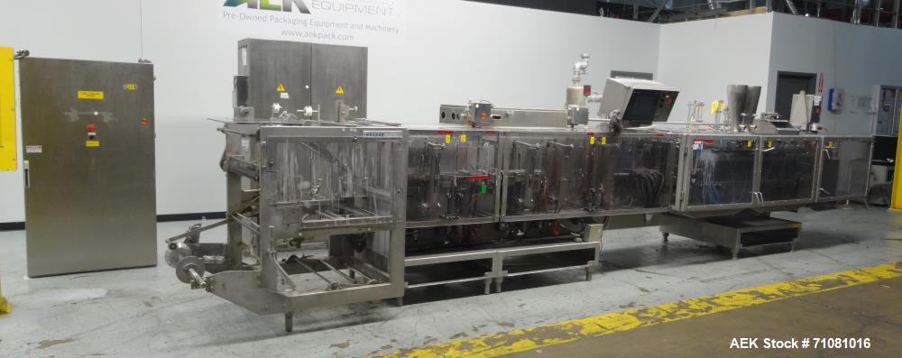 Used Bossar Model B 3700, Horizontal Pouch Form fill seal, Allen-Bradley controls, produces horizontal pouches from 5" x 5"  up to 7.25 x 15"  (2000 cc volume) at speeds of up to 110 packages per min...
