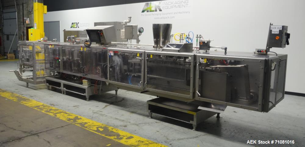 Used Bossar Model B 3700, Horizontal Pouch Form fill seal, Allen-Bradley controls, produces horizontal pouches from 5" x 5"  up to 7.25 x 15"  (2000 cc volume) at speeds of up to 110 packages per min...