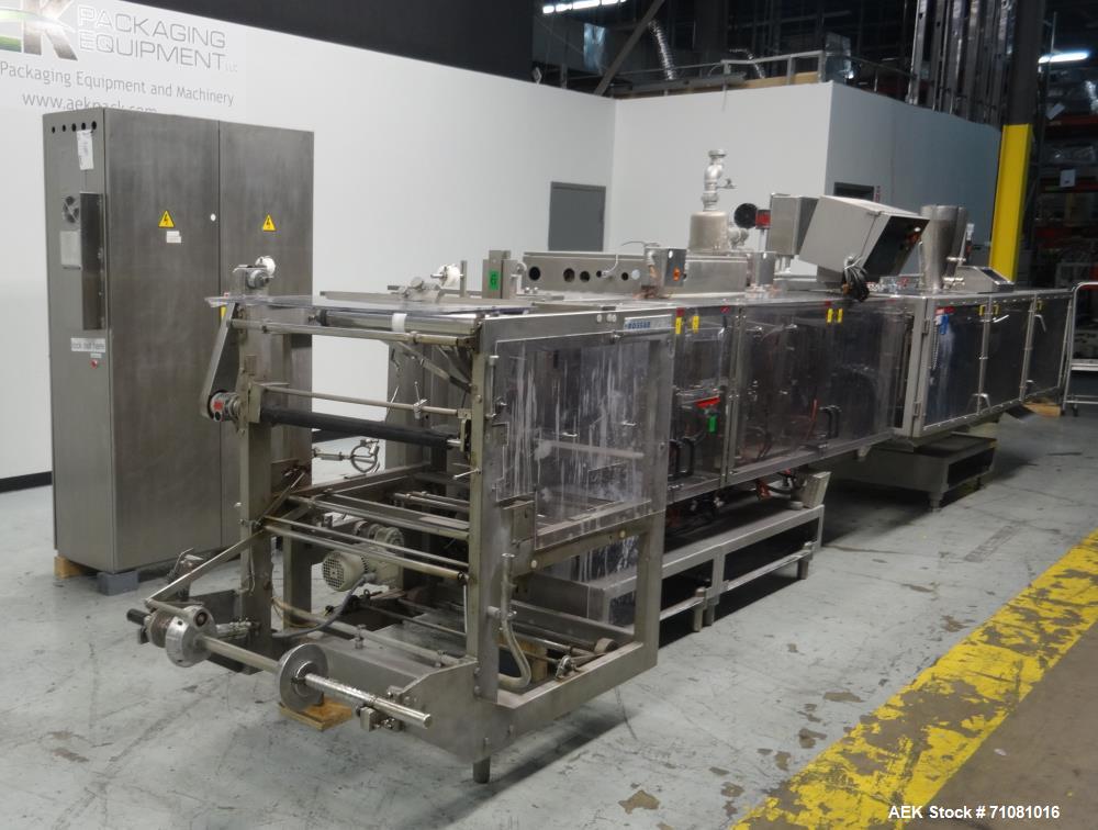 Used Bossar Model B 3700, Horizontal Pouch Form fill seal, Allen-Bradley controls, produces horizontal pouches from 5" x 5"  up to 7.25 x 15"  (2000 cc volume) at speeds of up to 110 packages per min...
