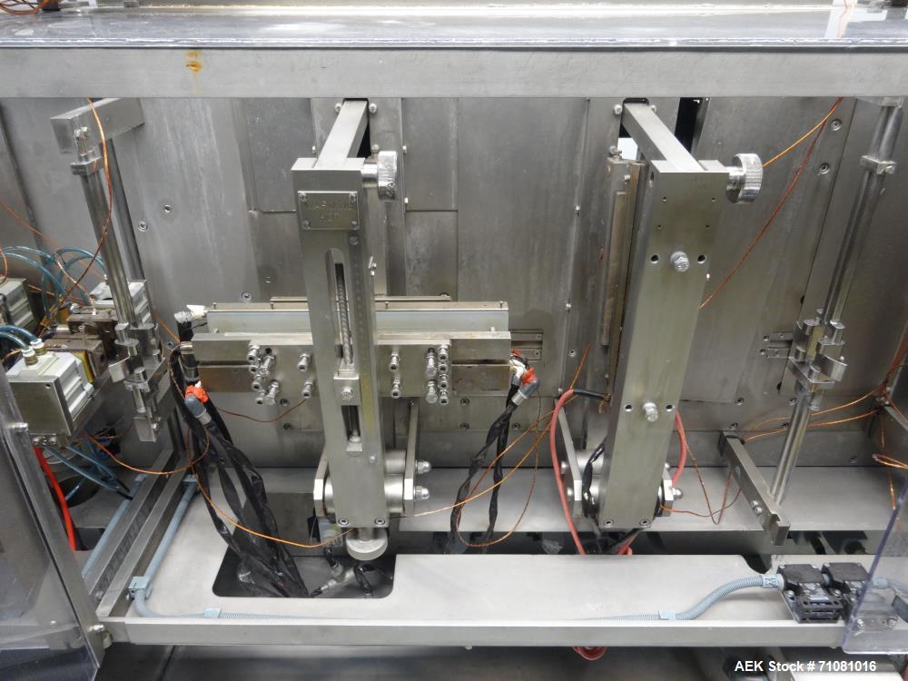 Used Bossar Model B 3700, Horizontal Pouch Form fill seal, Allen-Bradley controls, produces horizontal pouches from 5" x 5"  up to 7.25 x 15"  (2000 cc volume) at speeds of up to 110 packages per min...