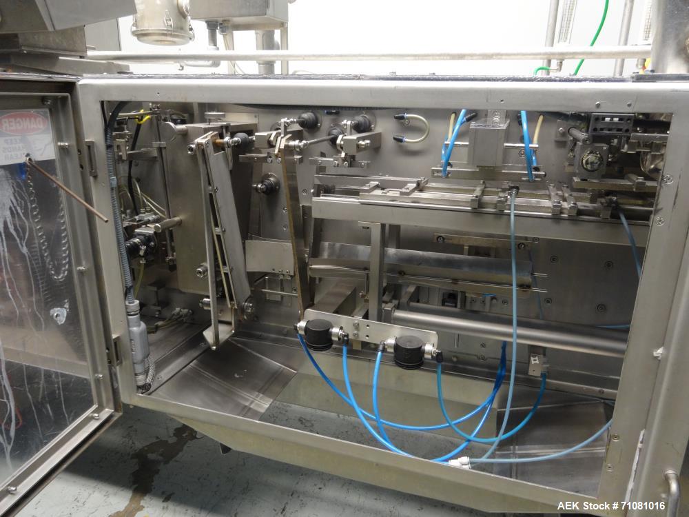 Used Bossar Model B 3700, Horizontal Pouch Form fill seal, Allen-Bradley controls, produces horizontal pouches from 5" x 5"  up to 7.25 x 15"  (2000 cc volume) at speeds of up to 110 packages per min...
