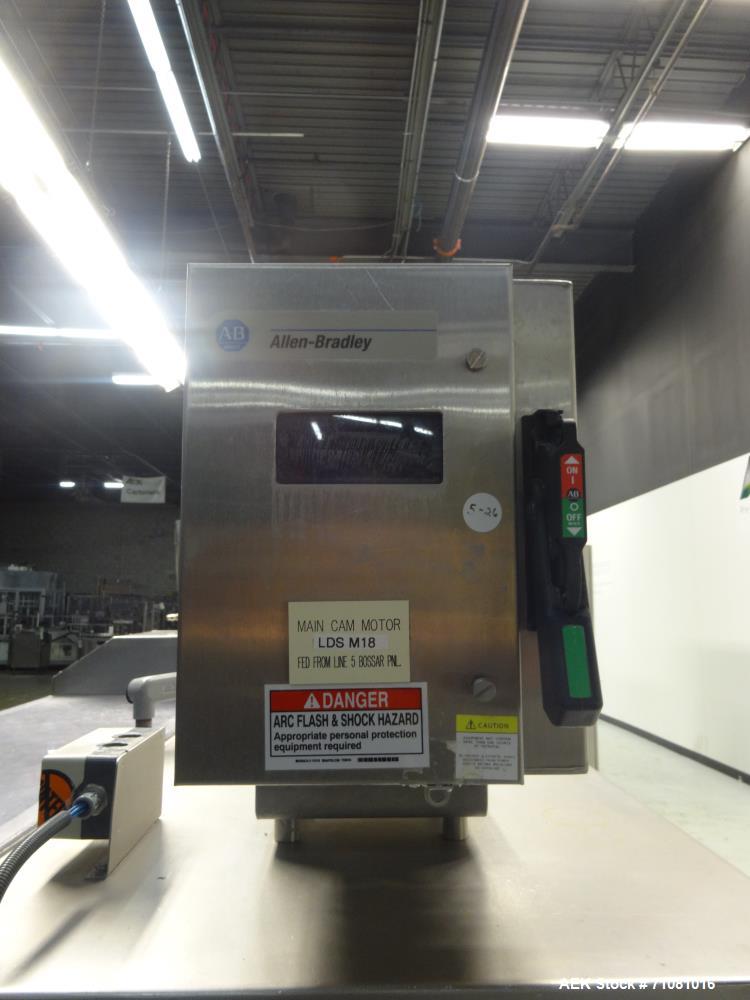 Used Bossar Model B 3700, Horizontal Pouch Form fill seal, Allen-Bradley controls, produces horizontal pouches from 5" x 5"  up to 7.25 x 15"  (2000 cc volume) at speeds of up to 110 packages per min...