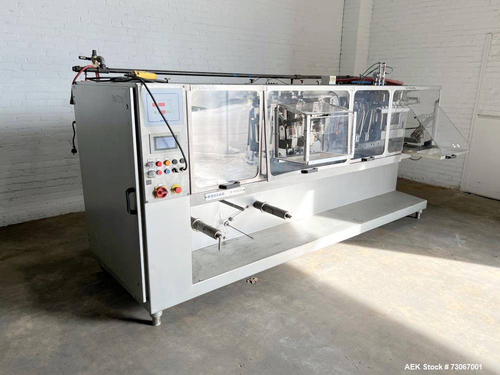 Used Bossar Form & Fill Horizontal Pouch Filler, Model B 1400 D. Capable of speeds up to 110. Size range 50mm to 140mm wide x 50mm to 210mm height. Maximum fill volume 400cc. Setup for 4 sided seal p...