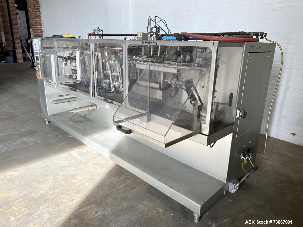 Used Bossar Form & Fill Horizontal Pouch Filler, Model B 1400 D. Capable of speeds up to 110. Size range 50mm to 140mm wide x 50mm to 210mm height. Maximum fill volume 400cc. Setup for 4 sided seal p...