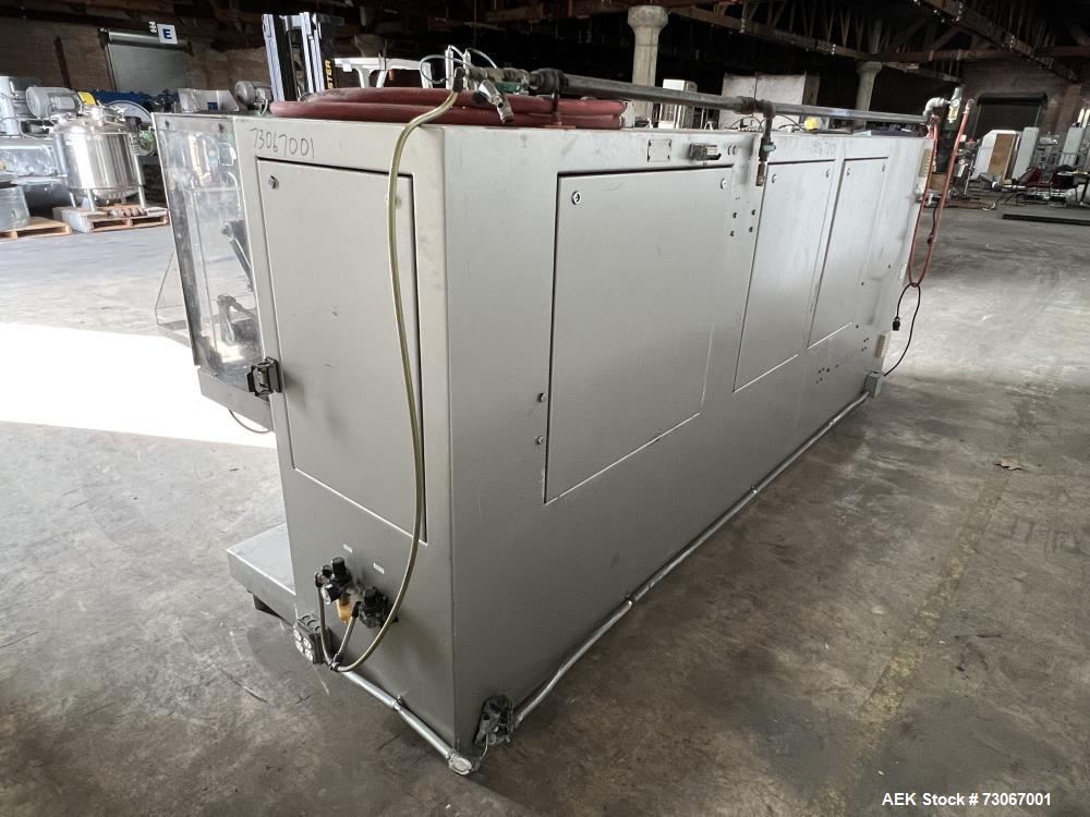Used Bossar Form & Fill Horizontal Pouch Filler, Model B 1400 D. Capable of speeds up to 110. Size range 50mm to 140mm wide x 50mm to 210mm height. Maximum fill volume 400cc. Setup for 4 sided seal p...