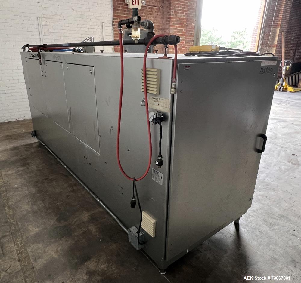 Used Bossar Form & Fill Horizontal Pouch Filler, Model B 1400 D. Capable of speeds up to 110. Size range 50mm to 140mm wide x 50mm to 210mm height. Maximum fill volume 400cc. Setup for 4 sided seal p...