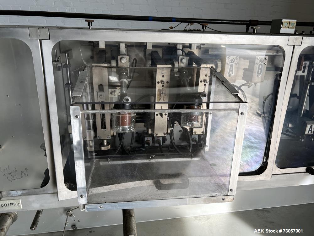 Used Bossar Form & Fill Horizontal Pouch Filler, Model B 1400 D. Capable of speeds up to 110. Size range 50mm to 140mm wide x 50mm to 210mm height. Maximum fill volume 400cc. Setup for 4 sided seal p...