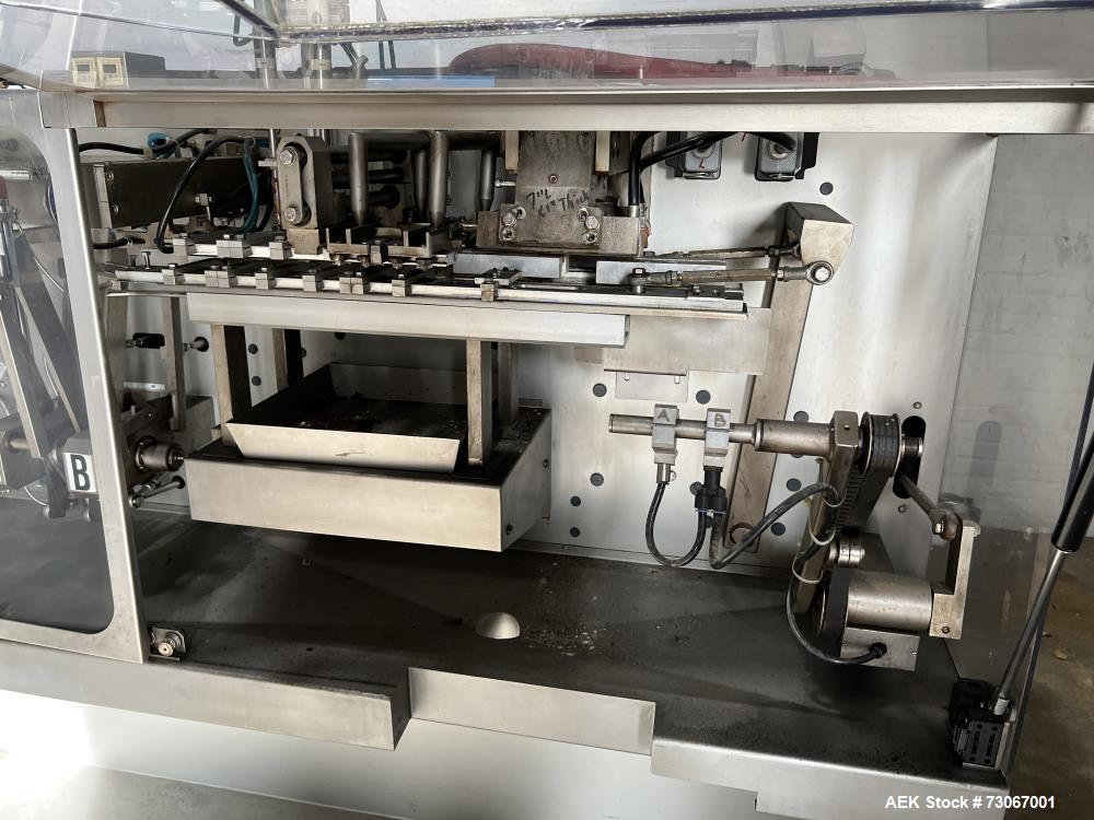 Used Bossar Form & Fill Horizontal Pouch Filler, Model B 1400 D. Capable of speeds up to 110. Size range 50mm to 140mm wide x 50mm to 210mm height. Maximum fill volume 400cc. Setup for 4 sided seal p...