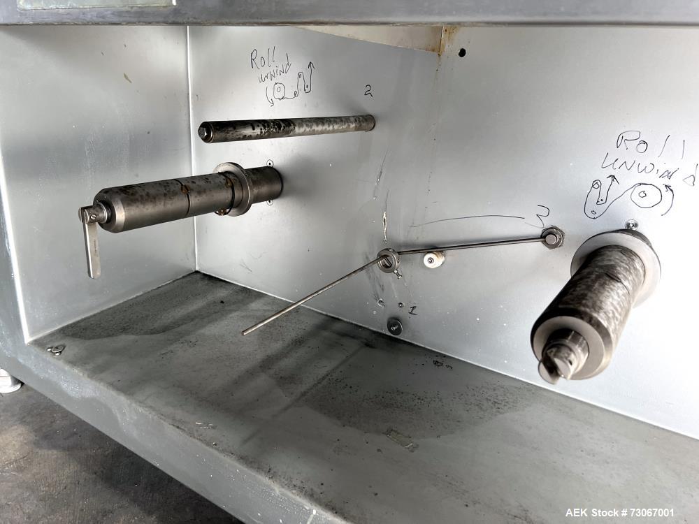 Used Bossar Form & Fill Horizontal Pouch Filler, Model B 1400 D. Capable of speeds up to 110. Size range 50mm to 140mm wide x 50mm to 210mm height. Maximum fill volume 400cc. Setup for 4 sided seal p...
