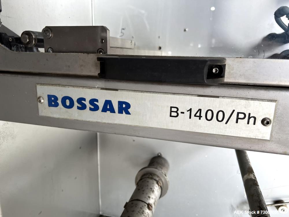 Used Bossar Form & Fill Horizontal Pouch Filler, Model B 1400 D. Capable of speeds up to 110. Size range 50mm to 140mm wide x 50mm to 210mm height. Maximum fill volume 400cc. Setup for 4 sided seal p...