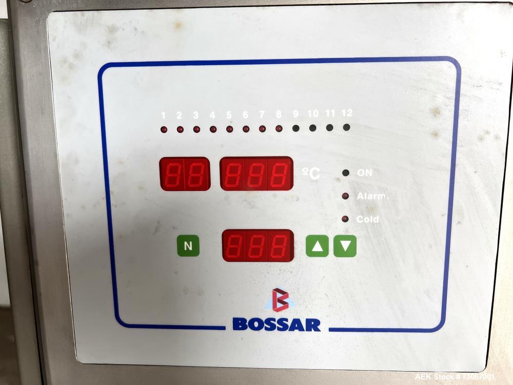 Used Bossar Form & Fill Horizontal Pouch Filler, Model B 1400 D. Capable of speeds up to 110. Size range 50mm to 140mm wide x 50mm to 210mm height. Maximum fill volume 400cc. Setup for 4 sided seal p...