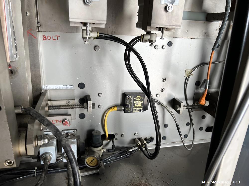 Used Bossar Form & Fill Horizontal Pouch Filler, Model B 1400 D. Capable of speeds up to 110. Size range 50mm to 140mm wide x 50mm to 210mm height. Maximum fill volume 400cc. Setup for 4 sided seal p...