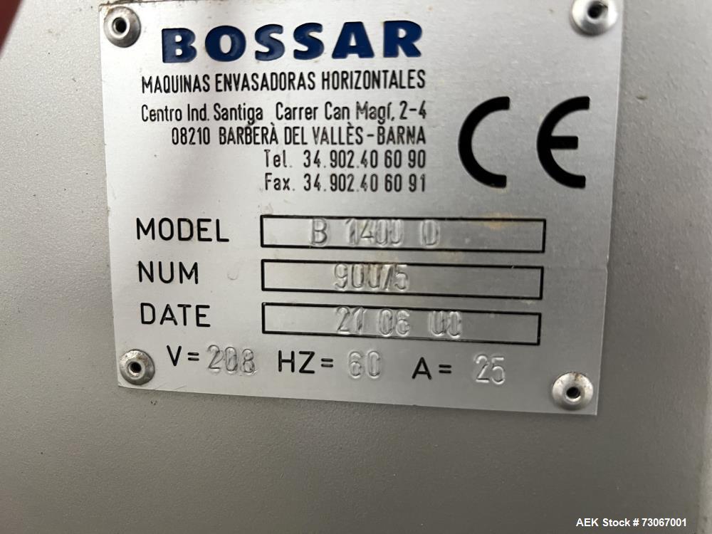 Used Bossar Form & Fill Horizontal Pouch Filler, Model B 1400 D. Capable of speeds up to 110. Size range 50mm to 140mm wide x 50mm to 210mm height. Maximum fill volume 400cc. Setup for 4 sided seal p...