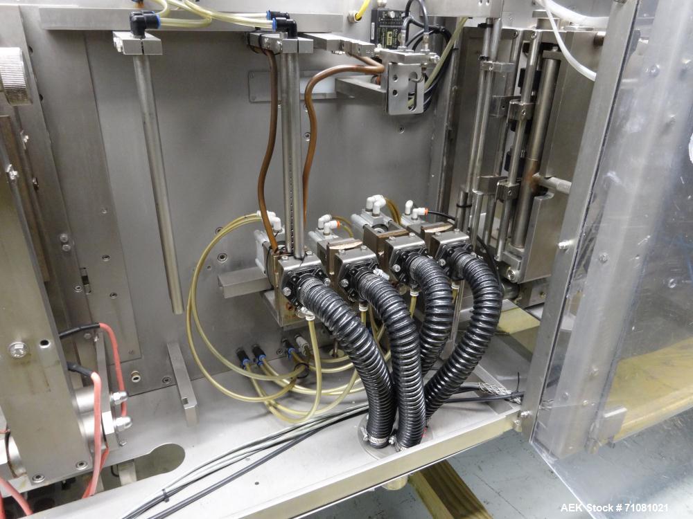 Used Bossar Model B3700D2E, Horizontal Pouch Form fill seal,  Allen-Bradley controls, produces horizontal pouches from 5" x 5"  up to 7.25 x 15"  (2000 cc volume) at speeds of up to 110 packages per ...