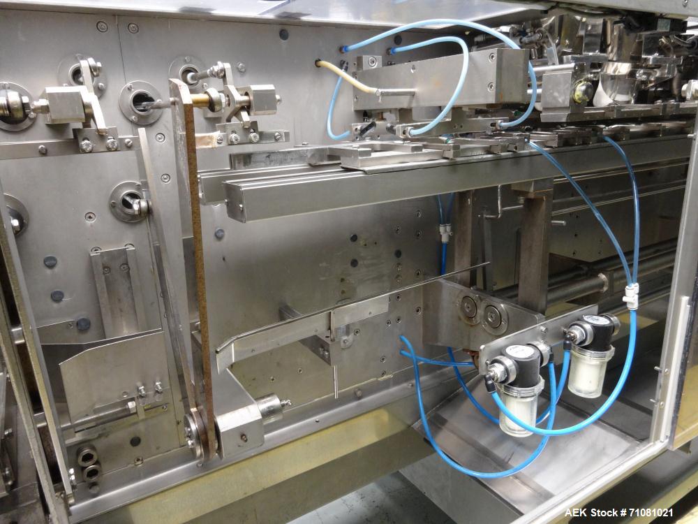 Used Bossar Model B3700D2E, Horizontal Pouch Form fill seal,  Allen-Bradley controls, produces horizontal pouches from 5" x 5"  up to 7.25 x 15"  (2000 cc volume) at speeds of up to 110 packages per ...