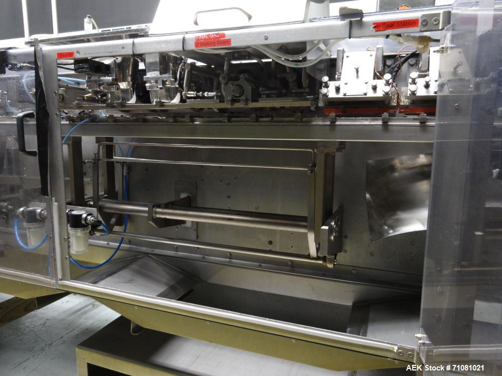 Used Bossar Model B3700D2E, Horizontal Pouch Form fill seal,  Allen-Bradley controls, produces horizontal pouches from 5" x 5"  up to 7.25 x 15"  (2000 cc volume) at speeds of up to 110 packages per ...
