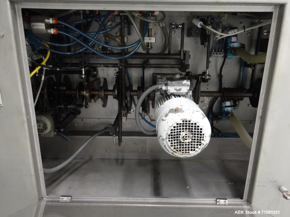 Used Bossar Model B3700D2E, Horizontal Pouch Form fill seal,  Allen-Bradley controls, produces horizontal pouches from 5" x 5"  up to 7.25 x 15"  (2000 cc volume) at speeds of up to 110 packages per ...