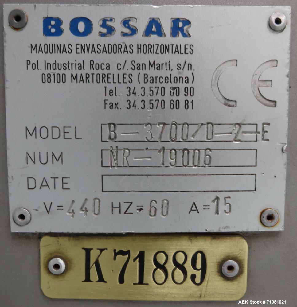 Used Bossar Model B3700D2E, Horizontal Pouch Form fill seal,  Allen-Bradley controls, produces horizontal pouches from 5" x 5"  up to 7.25 x 15"  (2000 cc volume) at speeds of up to 110 packages per ...