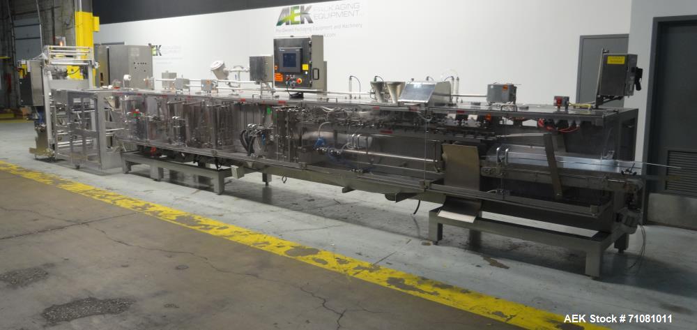 Used Bossar Model B3700D Horizontal Pouch Form  for Dual Head Filler,  Allen-Bradley controls, produces horizontal pouches from 5" x 5"  up to 7.25 x 15"  (2000 cc volume) at speeds of up to 110 pack...