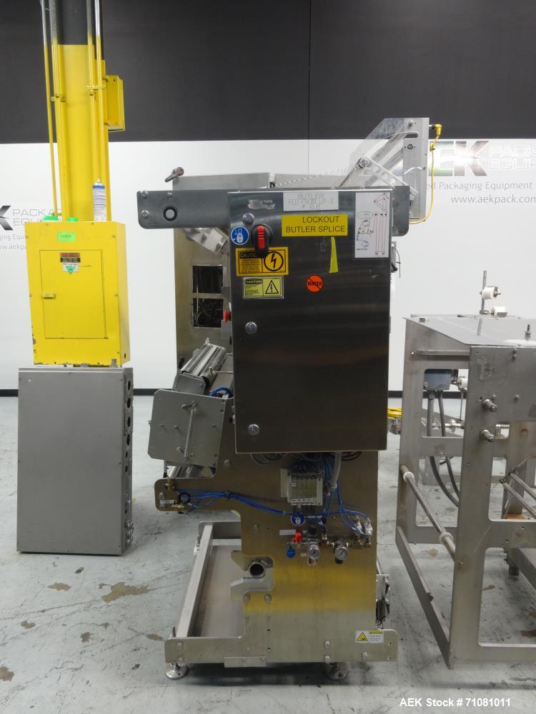 Used Bossar Model B3700D Horizontal Pouch Form  for Dual Head Filler,  Allen-Bradley controls, produces horizontal pouches from 5" x 5"  up to 7.25 x 15"  (2000 cc volume) at speeds of up to 110 pack...