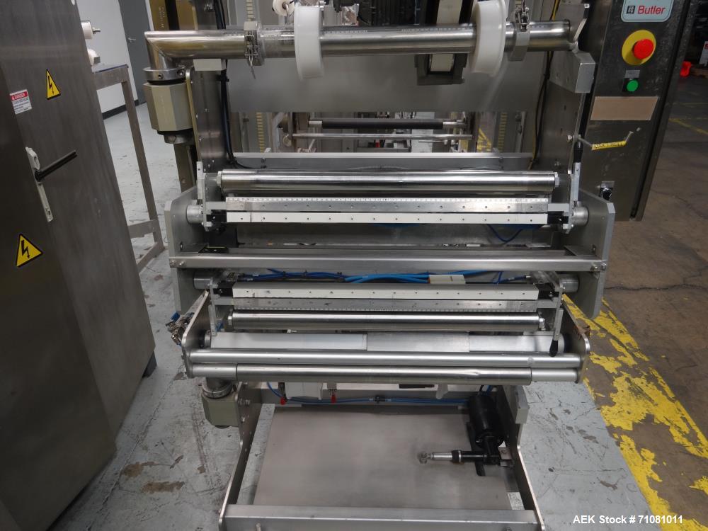Used Bossar Model B3700D Horizontal Pouch Form  for Dual Head Filler,  Allen-Bradley controls, produces horizontal pouches from 5" x 5"  up to 7.25 x 15"  (2000 cc volume) at speeds of up to 110 pack...