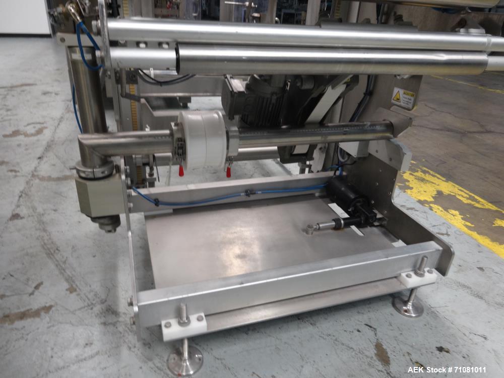 Used Bossar Model B3700D Horizontal Pouch Form  for Dual Head Filler,  Allen-Bradley controls, produces horizontal pouches from 5" x 5"  up to 7.25 x 15"  (2000 cc volume) at speeds of up to 110 pack...