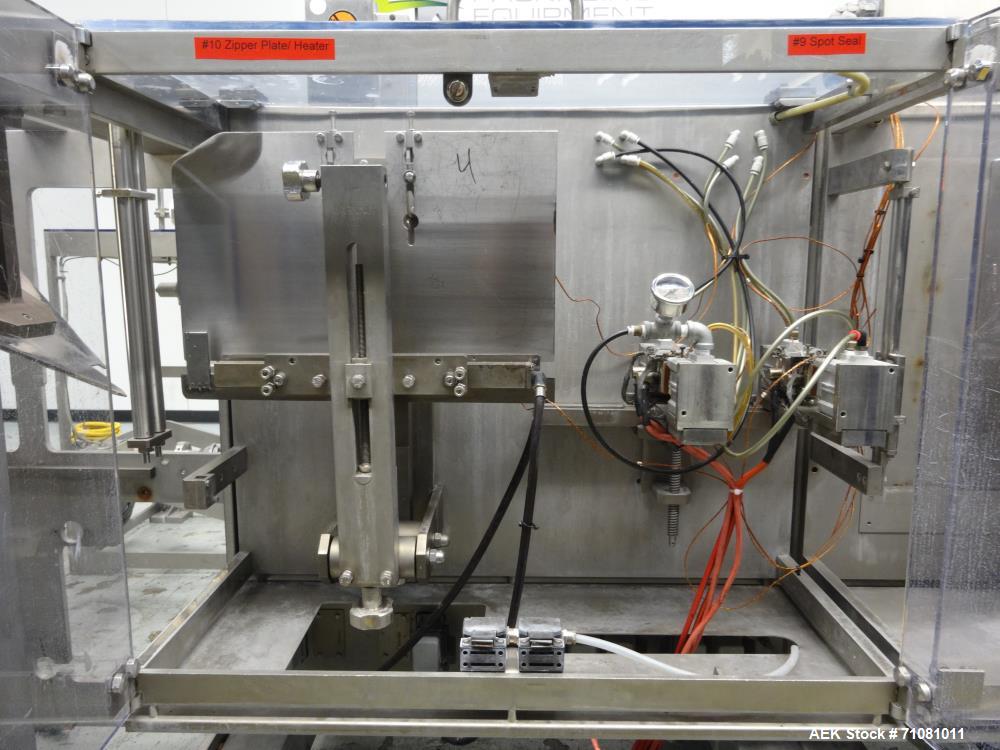 Used Bossar Model B3700D Horizontal Pouch Form  for Dual Head Filler,  Allen-Bradley controls, produces horizontal pouches from 5" x 5"  up to 7.25 x 15"  (2000 cc volume) at speeds of up to 110 pack...