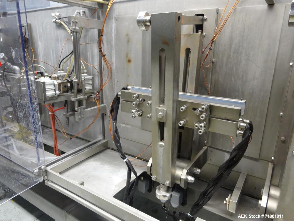 Used Bossar Model B3700D Horizontal Pouch Form  for Dual Head Filler,  Allen-Bradley controls, produces horizontal pouches from 5" x 5"  up to 7.25 x 15"  (2000 cc volume) at speeds of up to 110 pack...