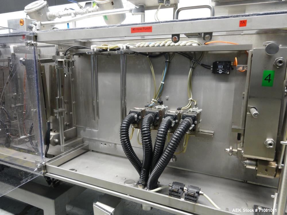 Used Bossar Model B3700D Horizontal Pouch Form  for Dual Head Filler,  Allen-Bradley controls, produces horizontal pouches from 5" x 5"  up to 7.25 x 15"  (2000 cc volume) at speeds of up to 110 pack...