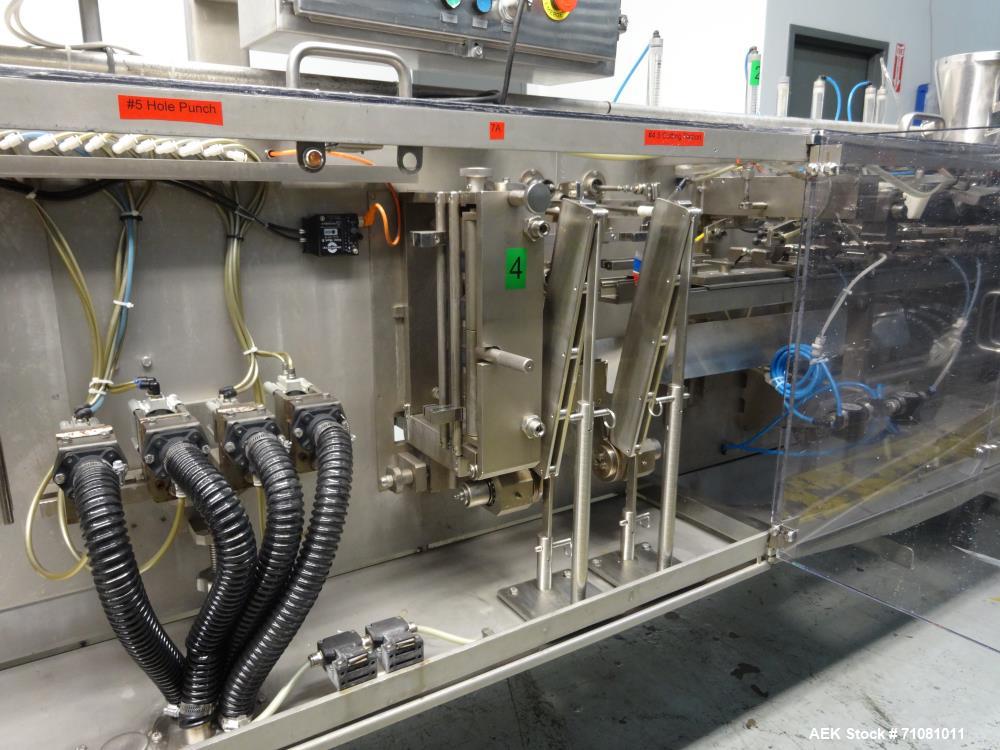 Used Bossar Model B3700D Horizontal Pouch Form  for Dual Head Filler,  Allen-Bradley controls, produces horizontal pouches from 5" x 5"  up to 7.25 x 15"  (2000 cc volume) at speeds of up to 110 pack...