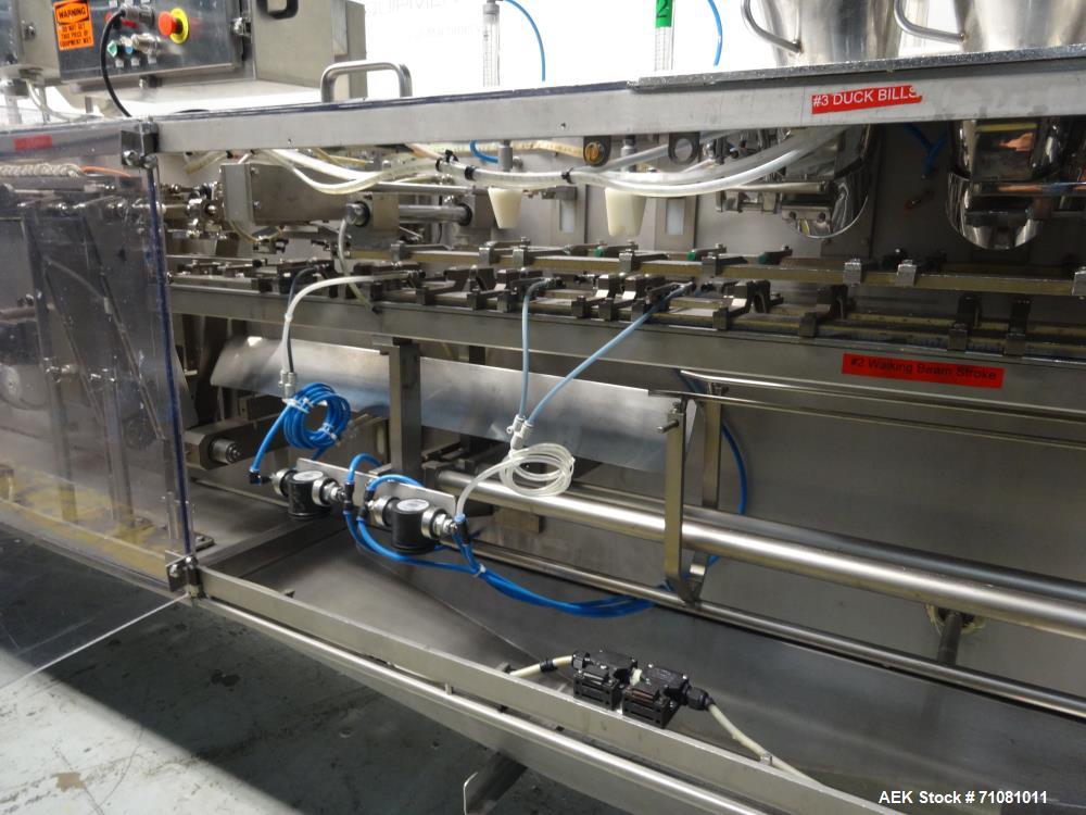 Used Bossar Model B3700D Horizontal Pouch Form  for Dual Head Filler,  Allen-Bradley controls, produces horizontal pouches from 5" x 5"  up to 7.25 x 15"  (2000 cc volume) at speeds of up to 110 pack...